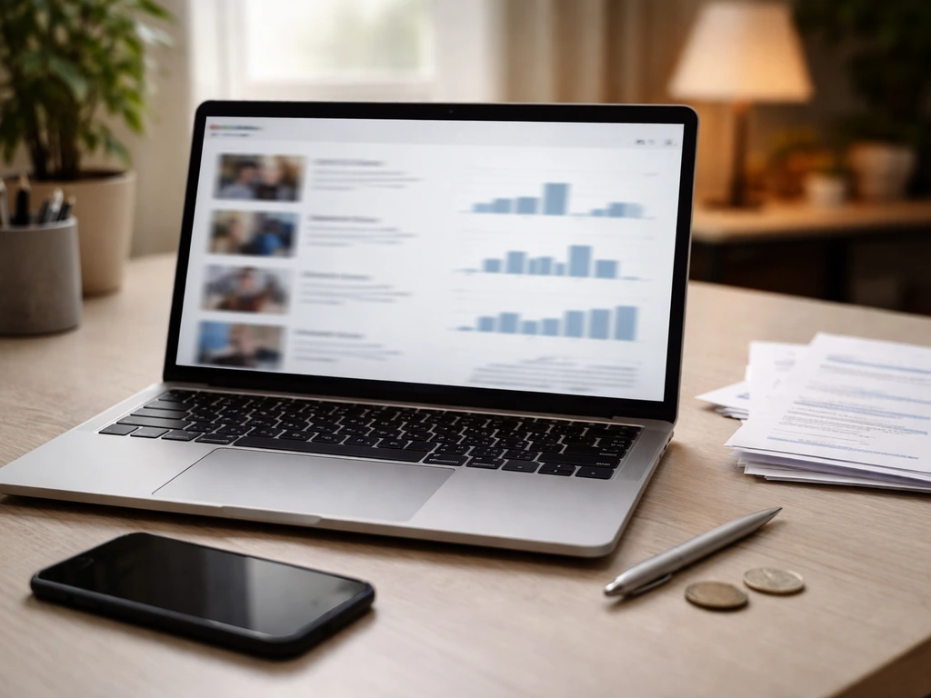 Laptop on a desk with blurred analytics screen and small finance objects, symbolizing YouTube ad revenue modeling.