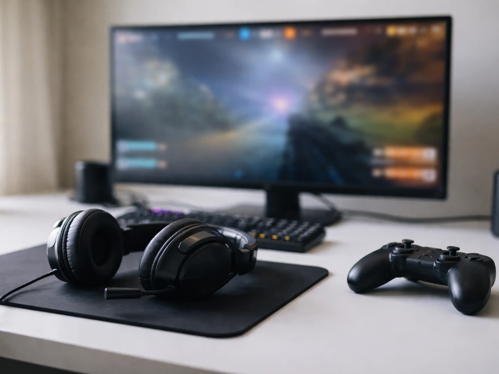 Minimal desk scene with a gaming headset and controller beside a lit monitor showing blurred esports-style overlays.