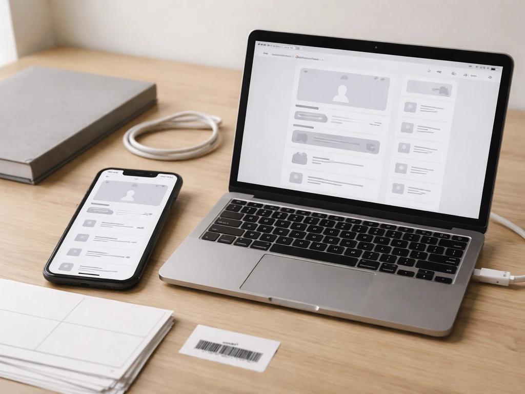 Minimal desk with phone and laptop showing generic storefront-style screens and blank shipping labels.