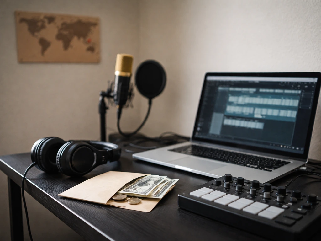 Hip-hop producer vibe: anonymous studio desk with laptop, headphones, and money-suggestive props
