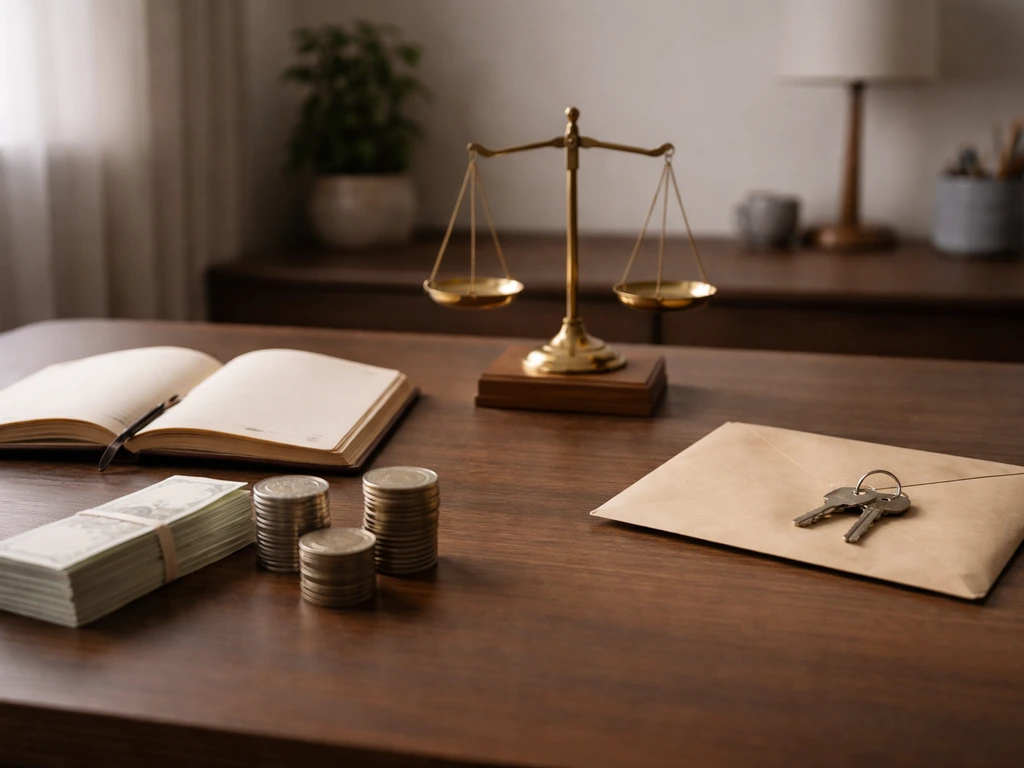Minimal desk scene with an open ledger, money, and keys suggesting assets versus liabilities.