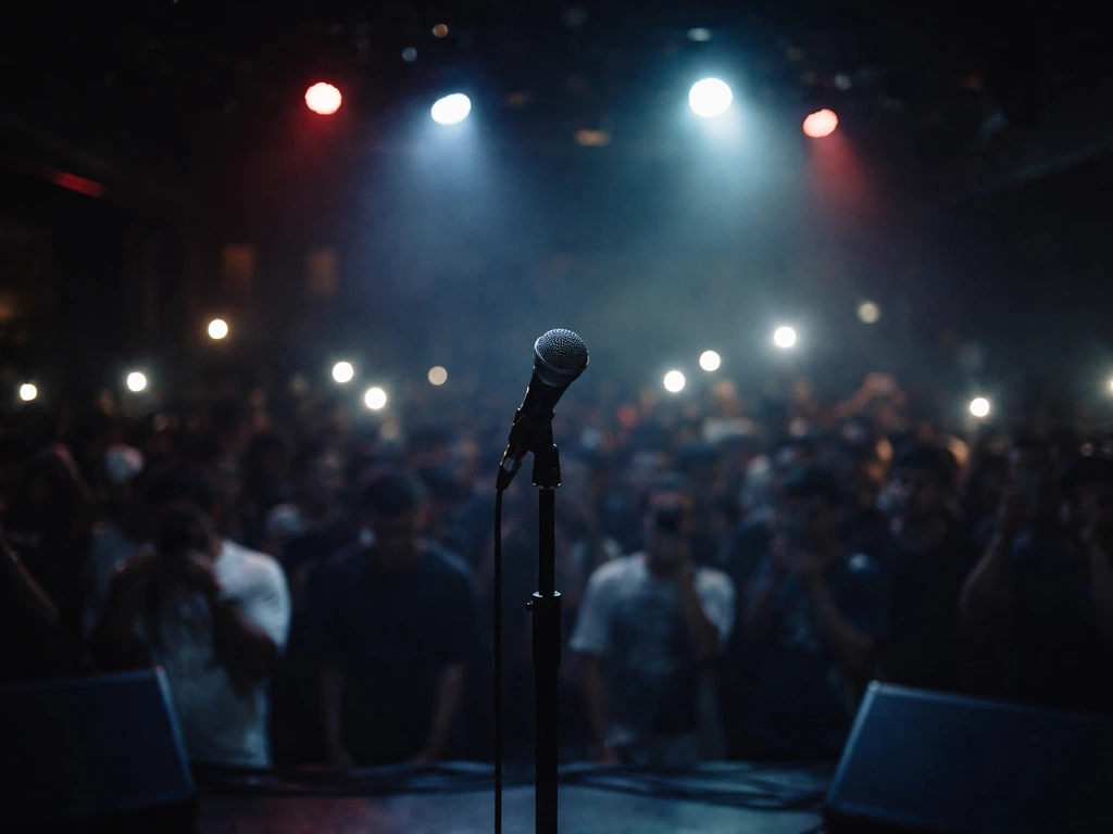 Dimly lit battle rap stage with a microphone stand and blurred crowd lights, symbolizing a FlipTop performance