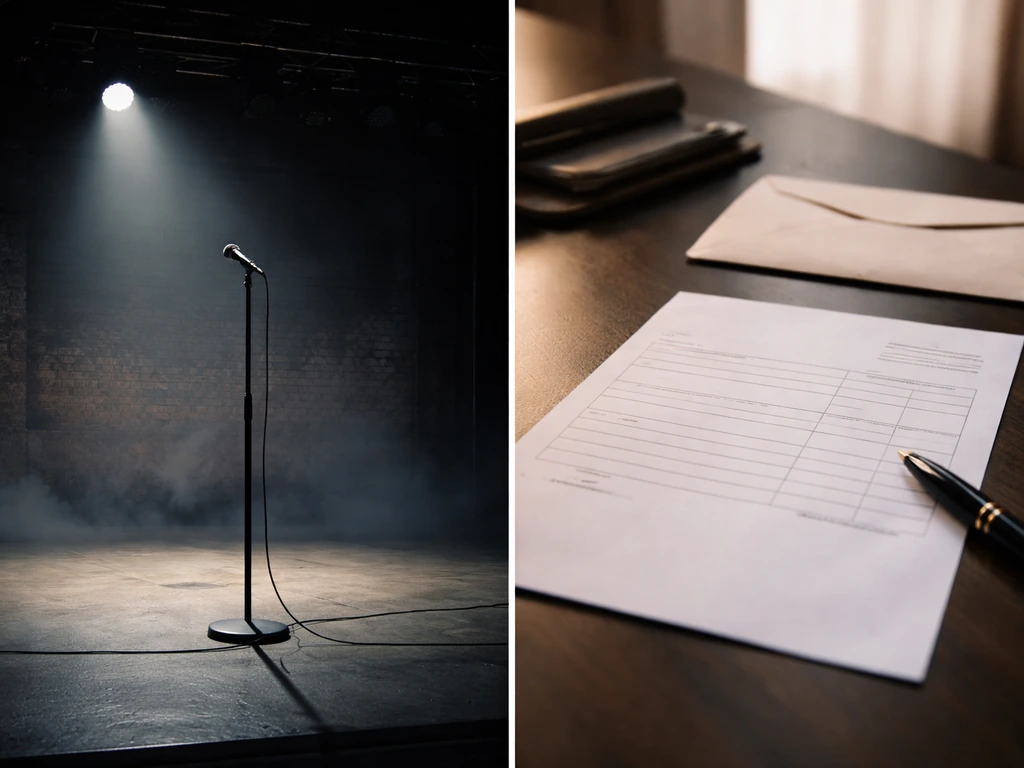 Empty battle-rap stage mic beside a blurred invoice page indicating appearance fee variability.