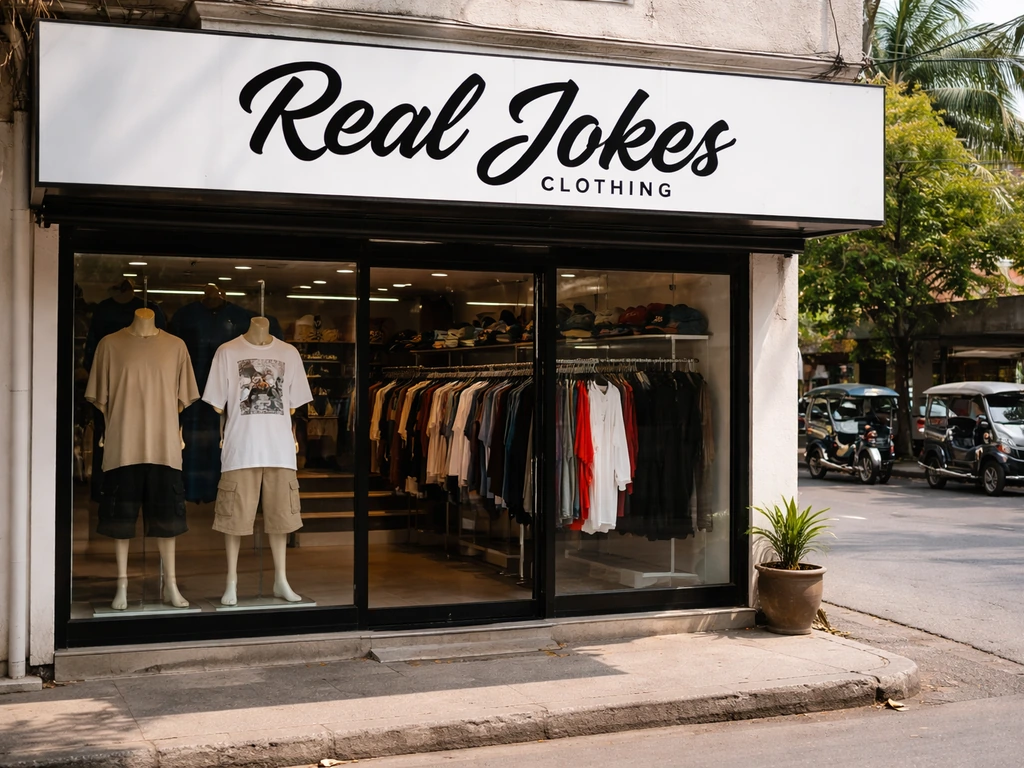 Real Jokes Clothing store front in Mabalacat, Philippines with a few mannequins in a quiet street scene