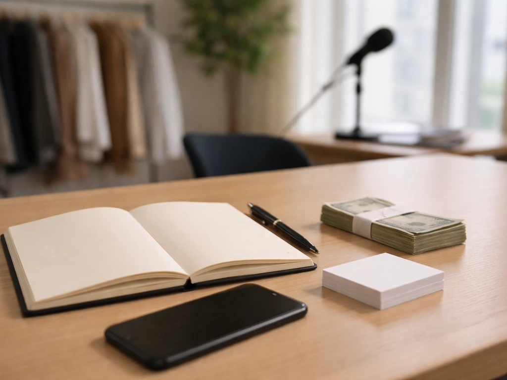 Tidy office desk with blank notebook, pen, cash stack, smartphone, and blurred clothing rack and microphone