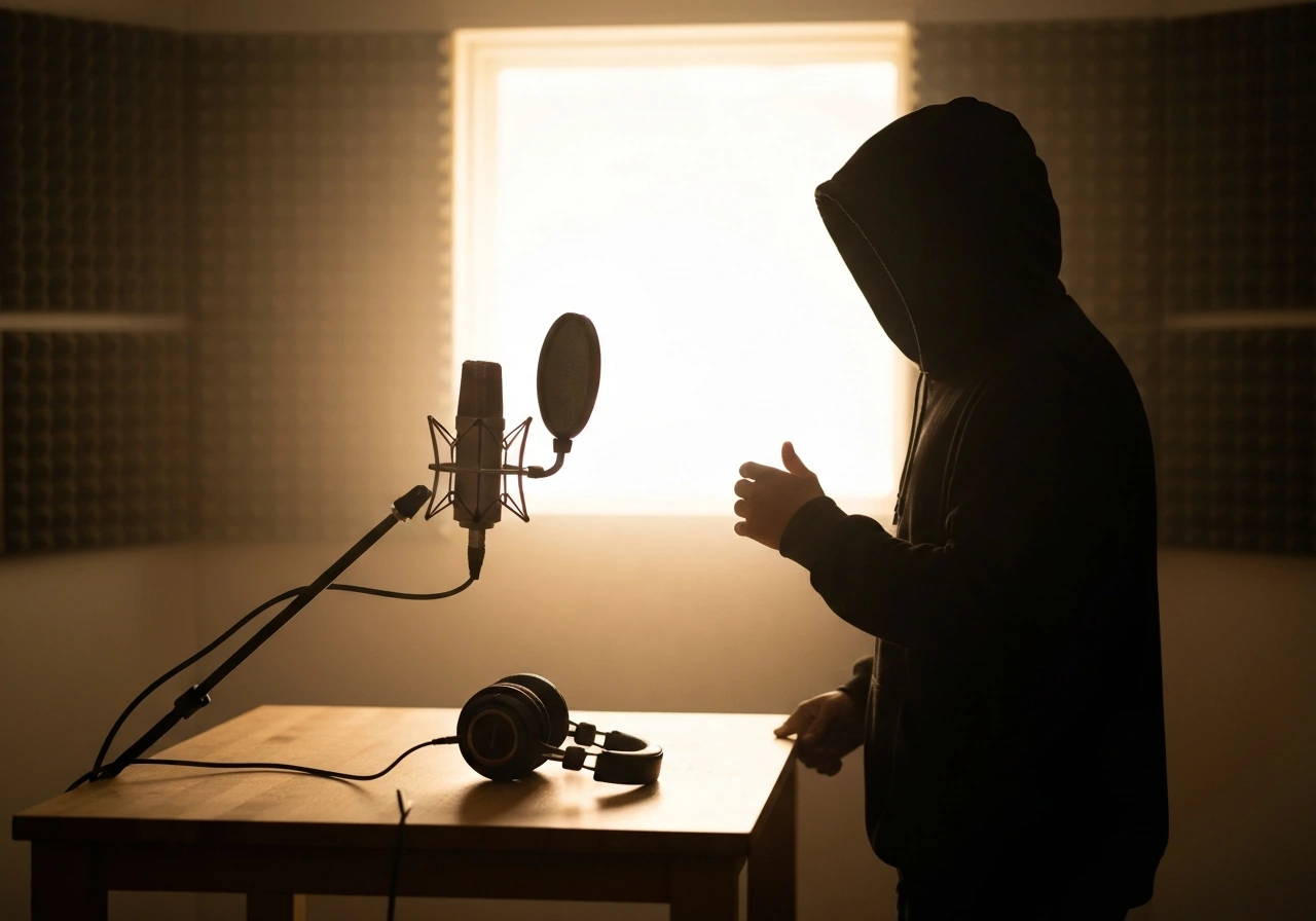 Rapper in a simple Detroit-style studio with microphone and warm lights, symbolic music success