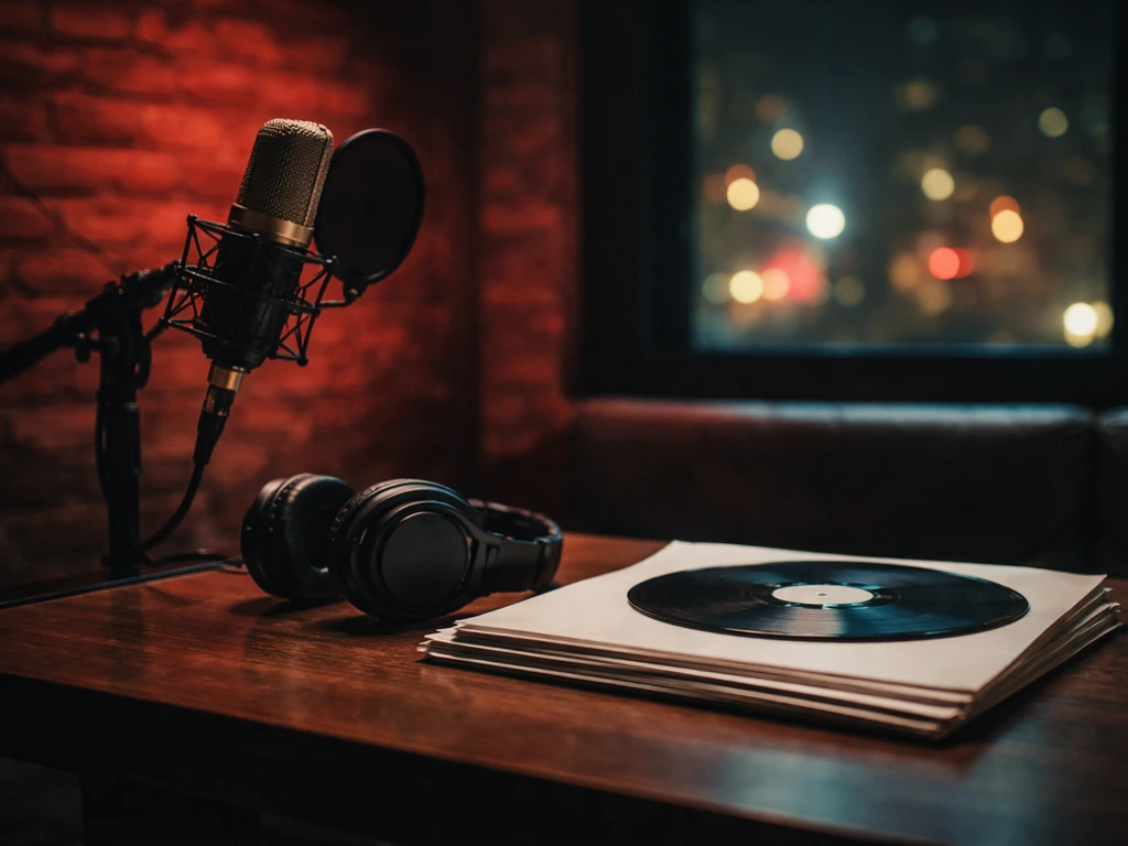 Unbranded studio desk with microphone and headphones, faint Detroit city lights, symbolizing Team Eastside Peezy identit