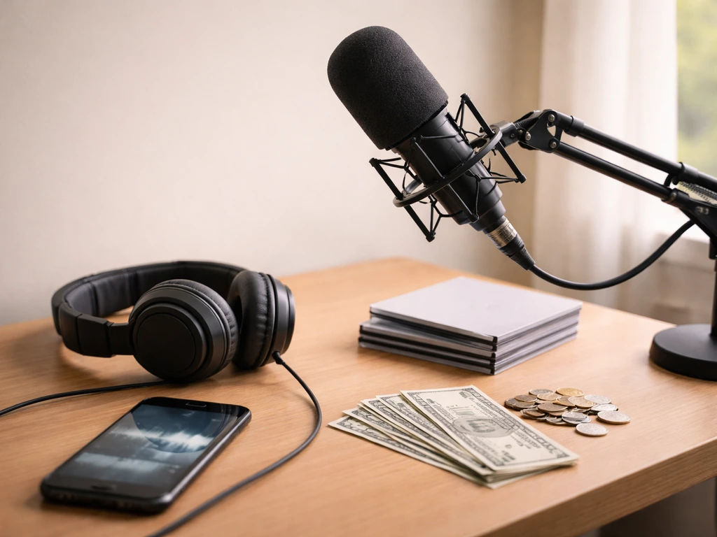 Minimal studio desk with headphones, microphone, and scattered cash—symbolizing multiple income streams for an independe