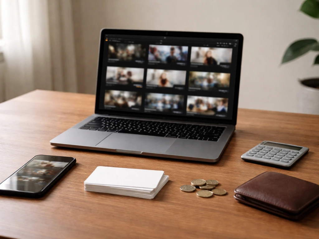 Anonymous desk with laptop video thumbnails, phone, coins, and a calculator symbolizing net worth estimate building.