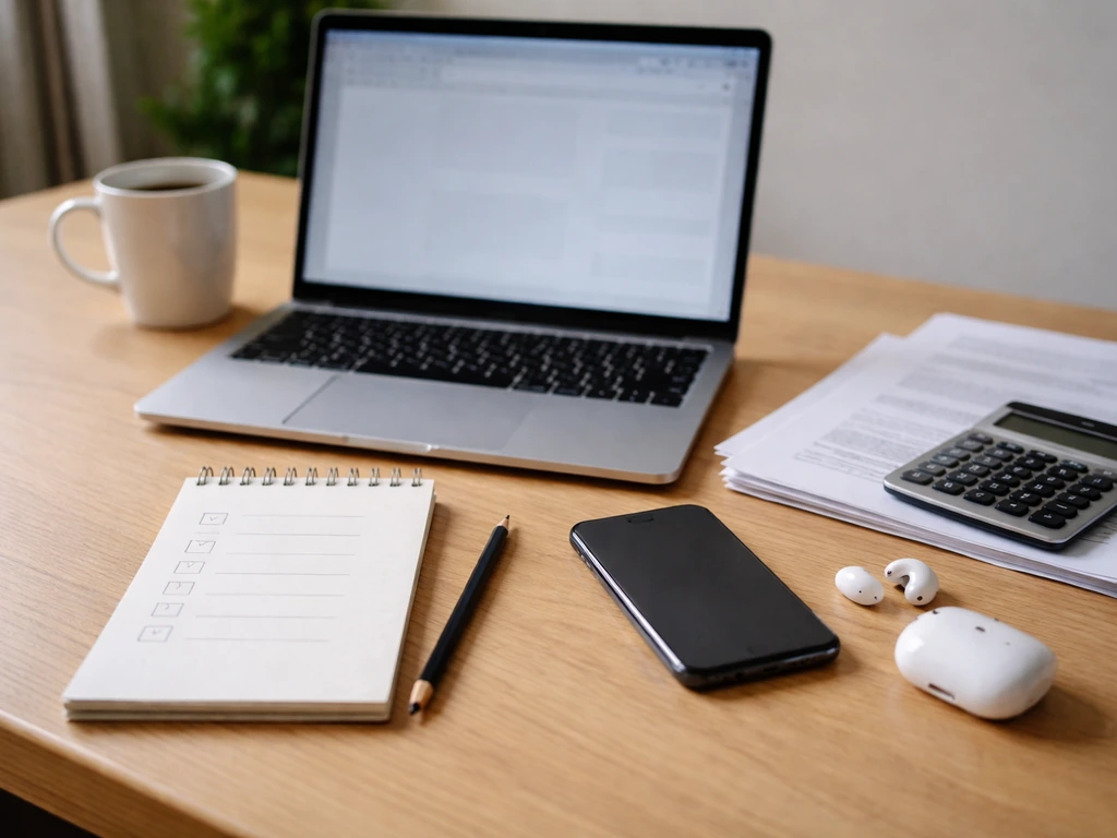 Minimal desk setup with checklist-style notepad and smartphone showing muted social media-style icons, for self-verifica