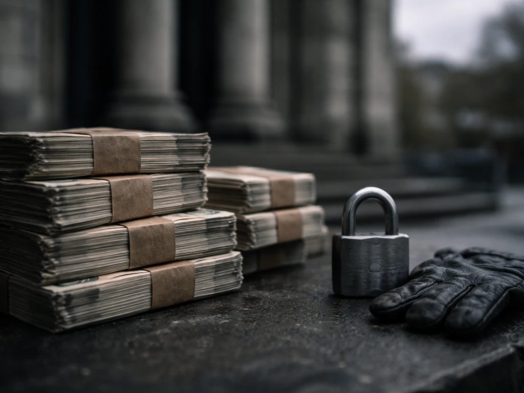 Moody close-up of bundled cash and a padlock with a blurred courthouse backdrop, symbolizing cartel asset recovery.