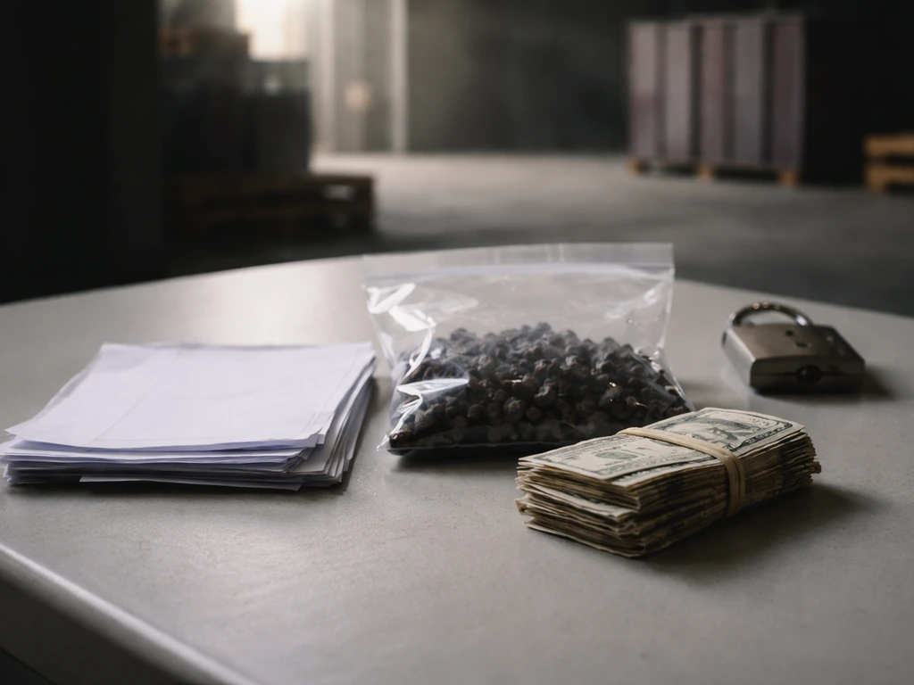 Minimal tabletop scene with blank shipping papers, sealed evidence bag, and cash-like bundle suggesting laundering.