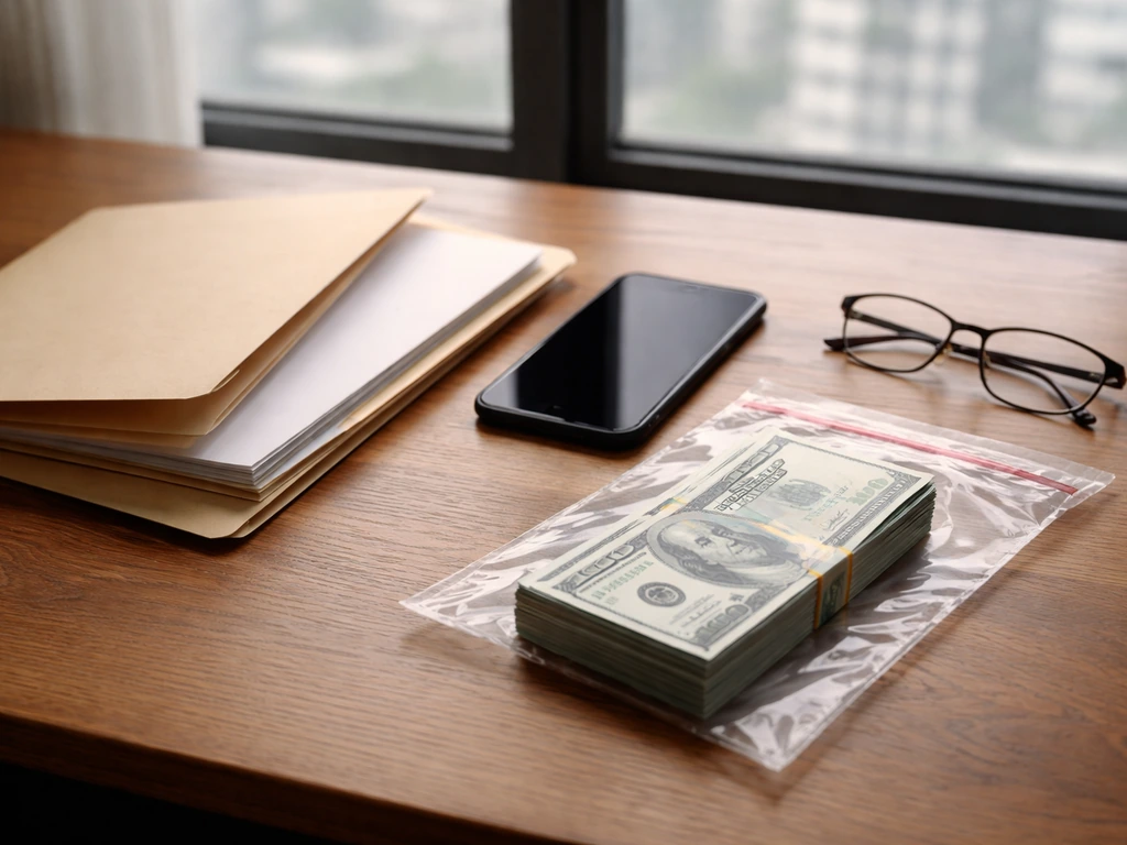 Minimal analyst desk with folders, evidence-style cash sleeve, and off smartphone, symbolizing reported vs seized money.