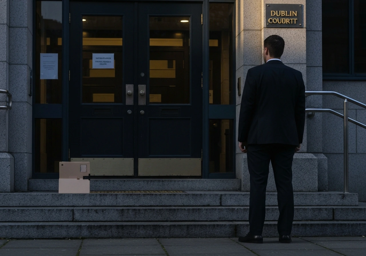 Anonymous lawyer outside a Dublin courthouse with a file folder, suggesting asset seizure court proceedings.