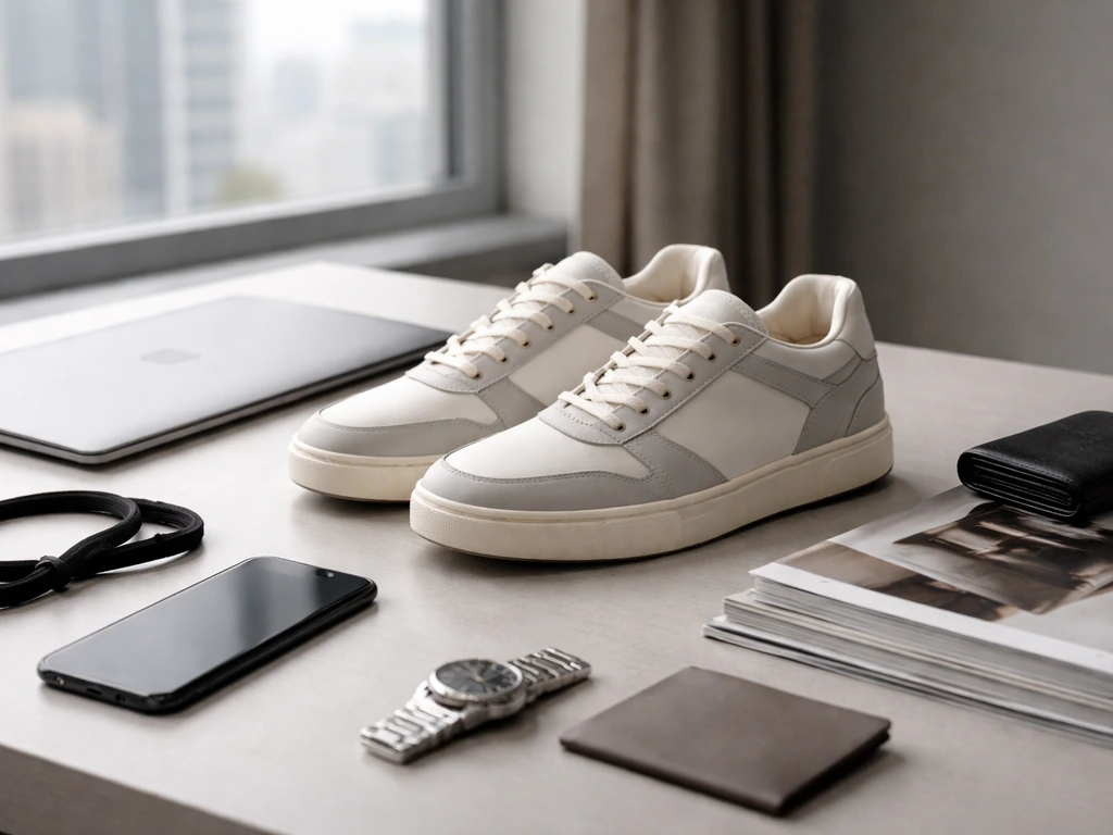 Minimal sneaker-media desk scene with high-end sneakers, magazines, and a wallet symbolizing wealth and business.