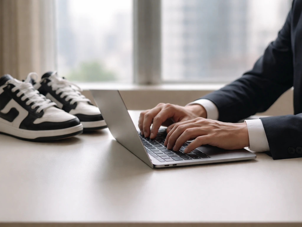 Anonymous hands typing on a laptop beside a classic sneaker pair, hinting at a sneaker blog origin.