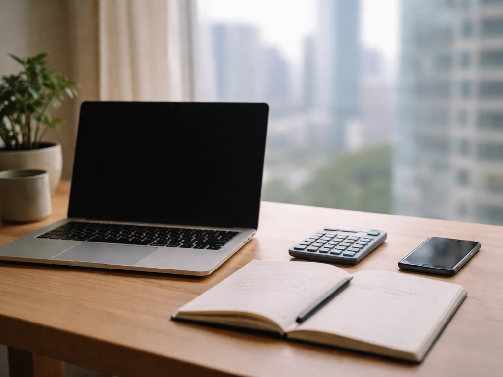 Minimal desk scene with calculator and laptop suggesting public-company net worth calculation inputs.