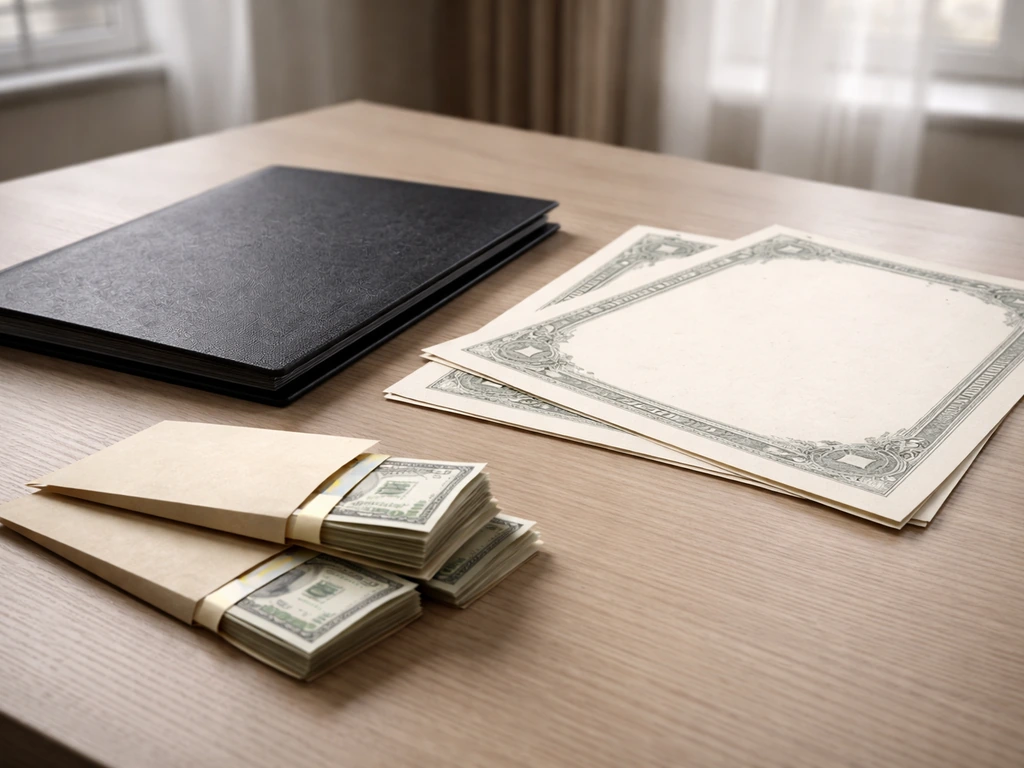 Minimal desk scene with a dominant equity-themed vibe: cash envelopes and scattered shares-like documents