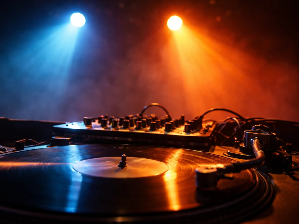 DJ deck under colorful stage lights with light haze, hinting at music and royalties without people.