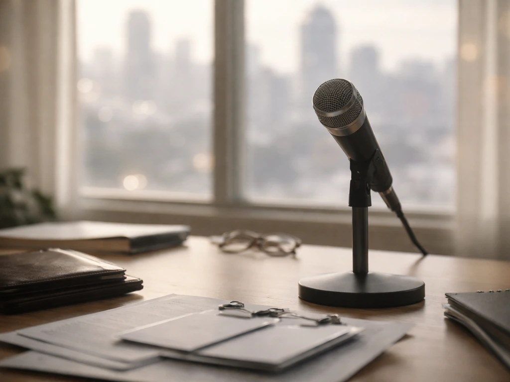 Minimal studio scene with a microphone and a blurred city window symbolizing uncertain celebrity finances.