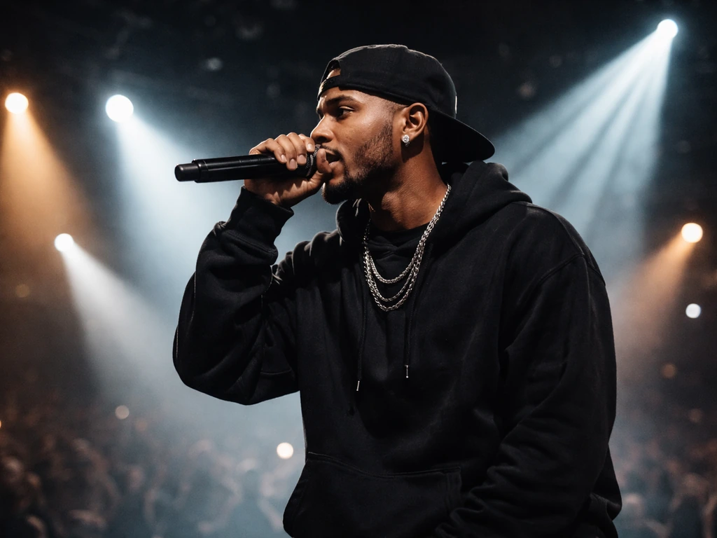 Rapper performing on a concert stage under bright lights with microphone, emphasizing live performance.