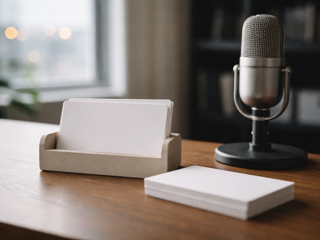 Minimal music licensing scene with an anonymous catalog-style card and microphone setup in soft daylight.