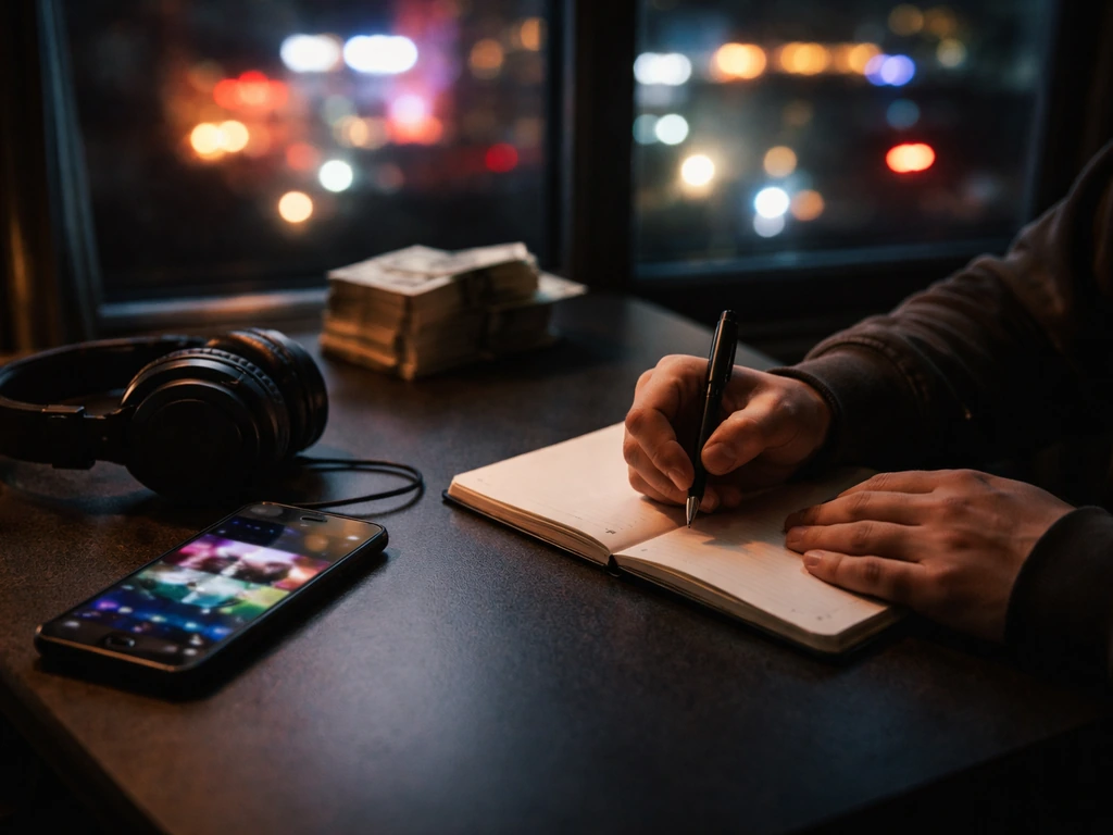 Anonymous creator desk with phone, music streaming icons on screen, and city nightlife lights symbolizing income streams