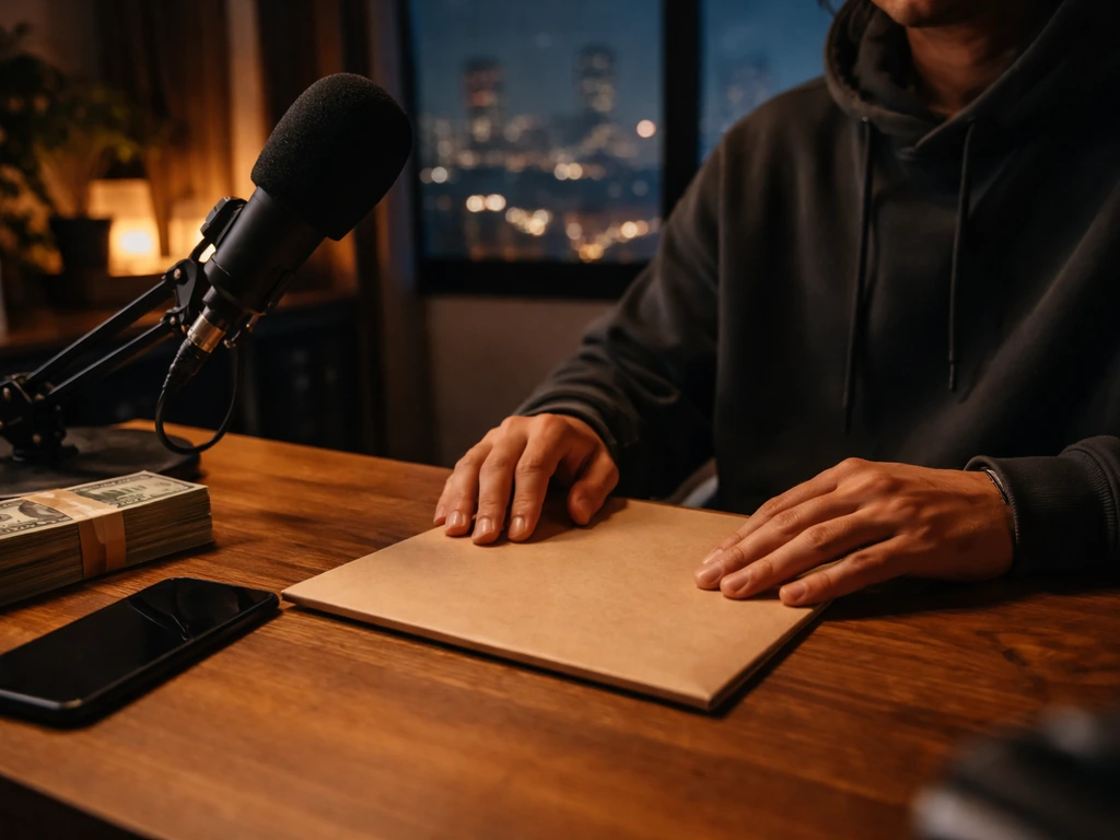 Anonymous creator’s studio desk with microphone and money props, hinting at media and net-worth calculation.