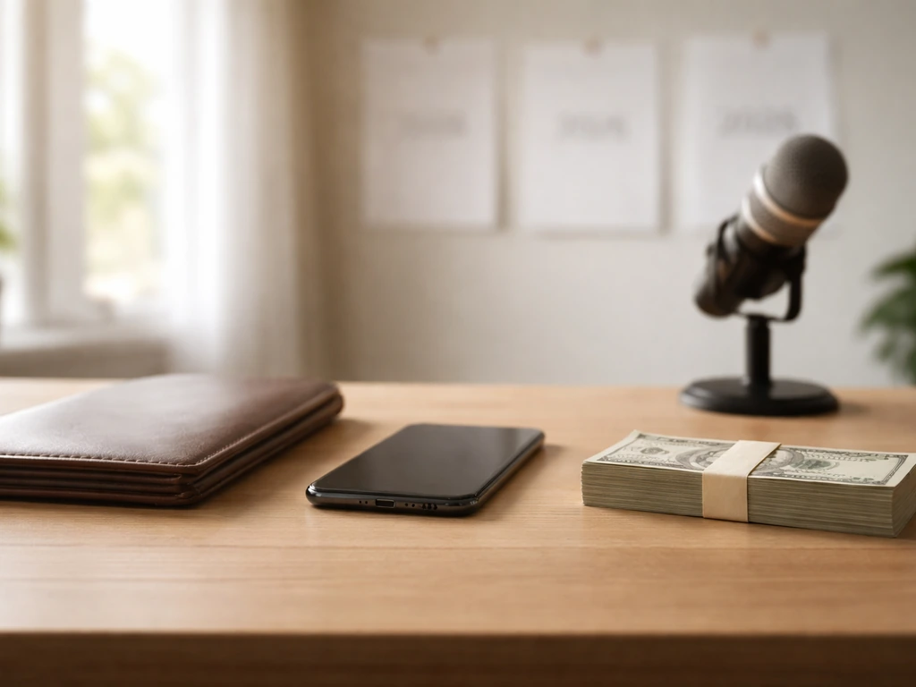 Minimal creator workspace with microphone, portfolio, and a few blurred calendar pages implying changing wealth over yea