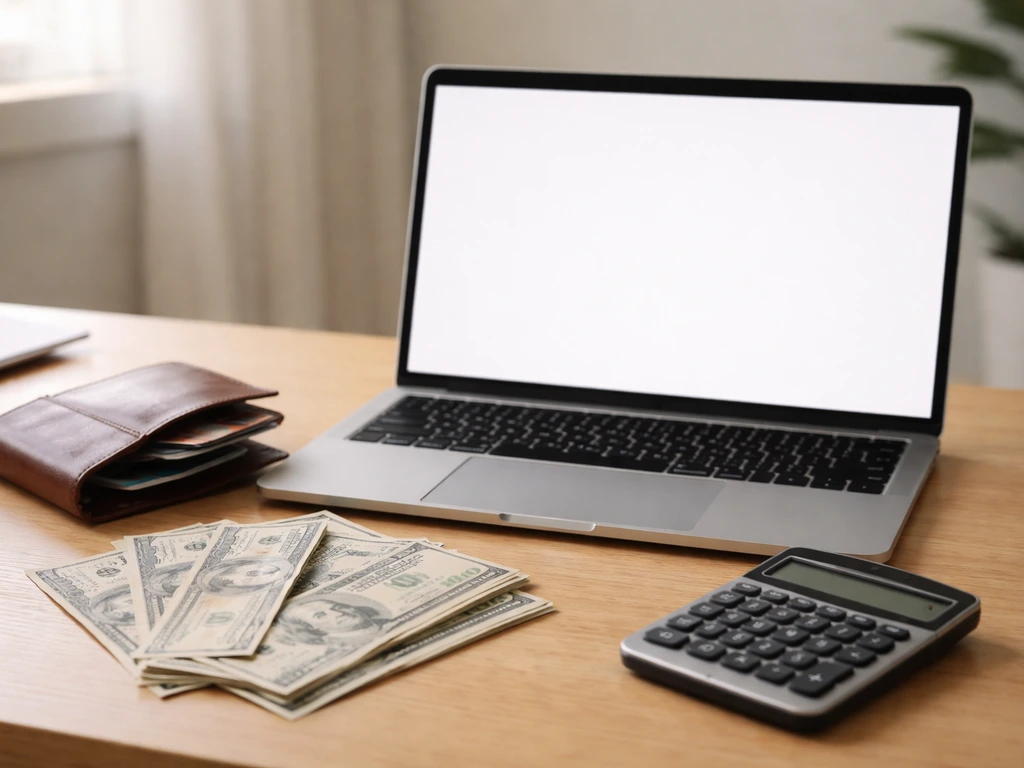 Close-up of a closed laptop beside a wallet and scattered cash in a dim office, suggesting net worth verification