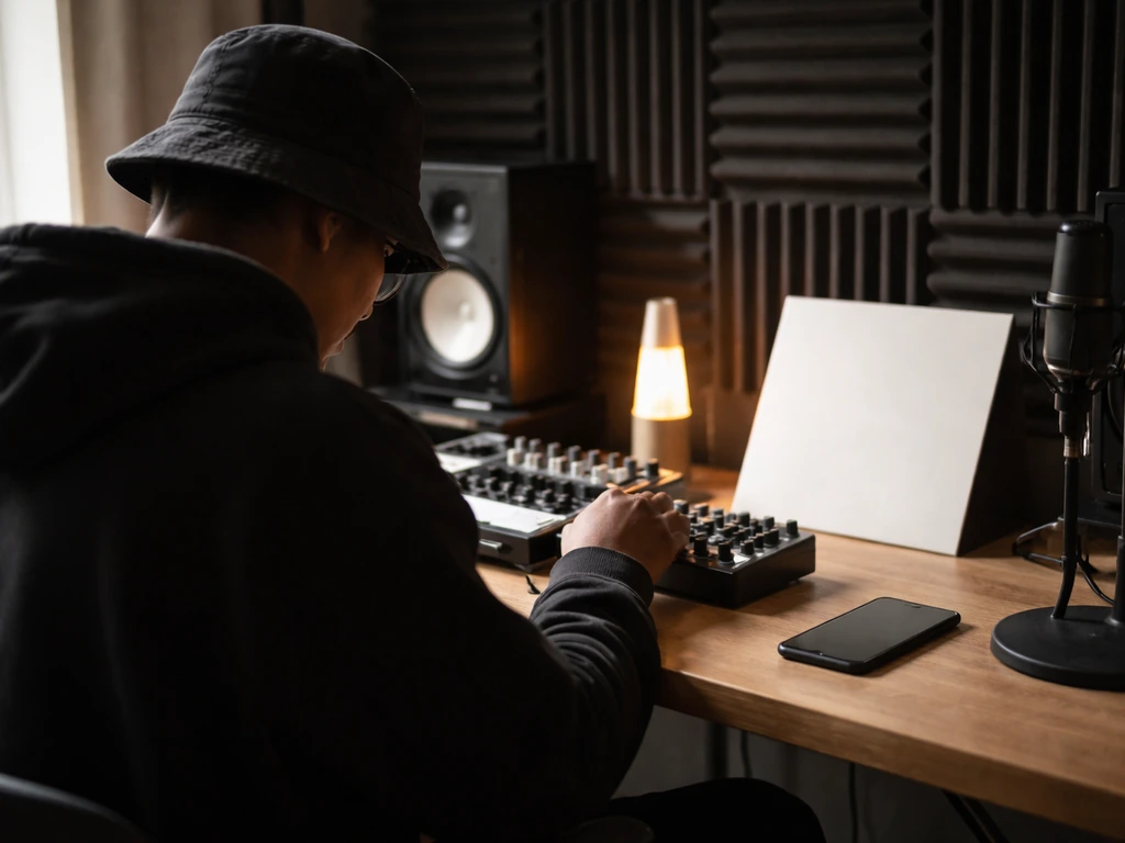 Anonymous music producer in a minimal studio with microphone and audio gear, symbolic alias clarity vibe.