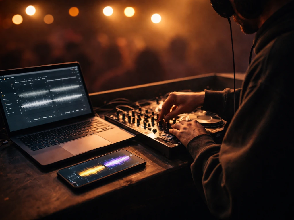 A DJ booth with streaming devices and a laptop showing playback icons, suggesting multiple music revenue sources.