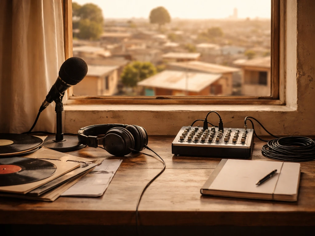 Studio desk with microphone and headphones, township view outside window, symbolizing rising music career earnings.