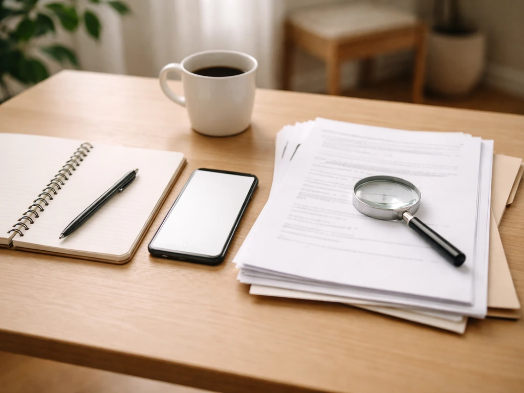 Minimal desk scene with blank documents, an unmarked phone screen, and a notebook for verifying a claim