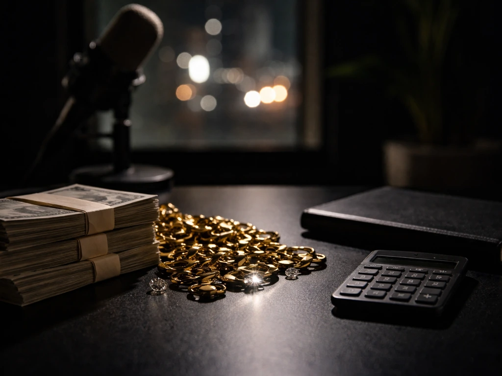 Moody hip-hop themed desk with gold chain, cash-like bills, and an unlit calculator for net worth calculation.