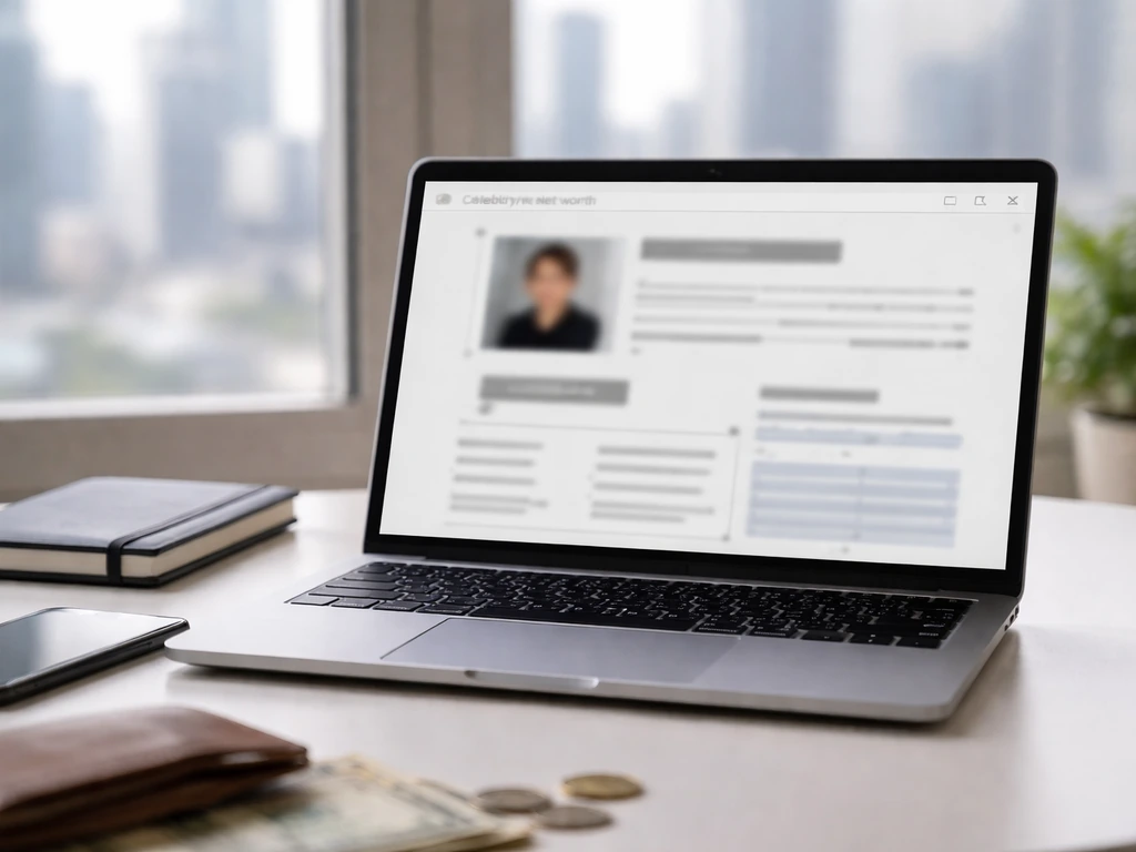 Laptop on a desk showing a blurred finance-style net-worth webpage layout, with research items nearby.