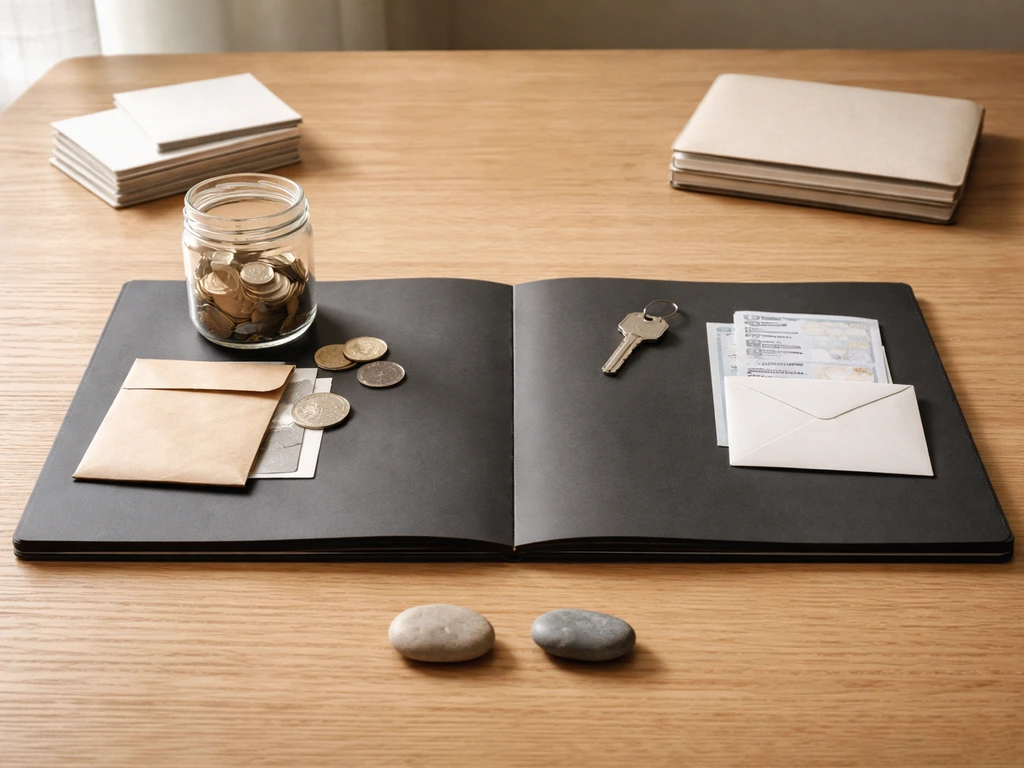 Minimal desk scene suggesting net worth: assets items on one side, liabilities items on the other.