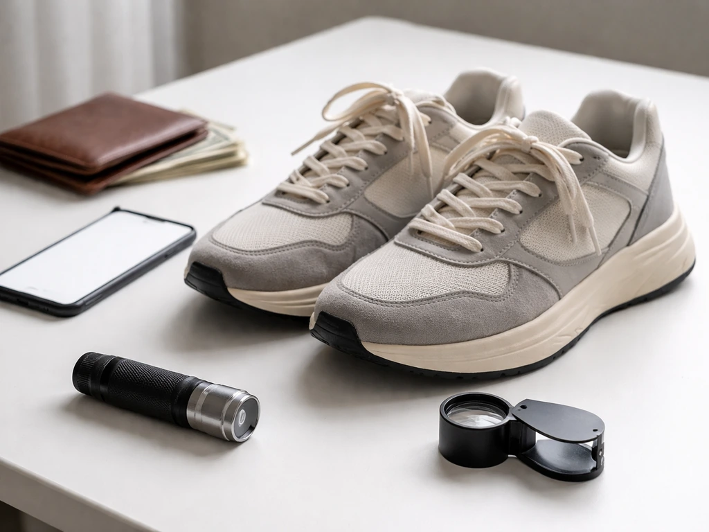 Minimal desk scene with sneakers, UV flashlight, loupe, and wallet, symbolizing sneaker authentication and wealth.