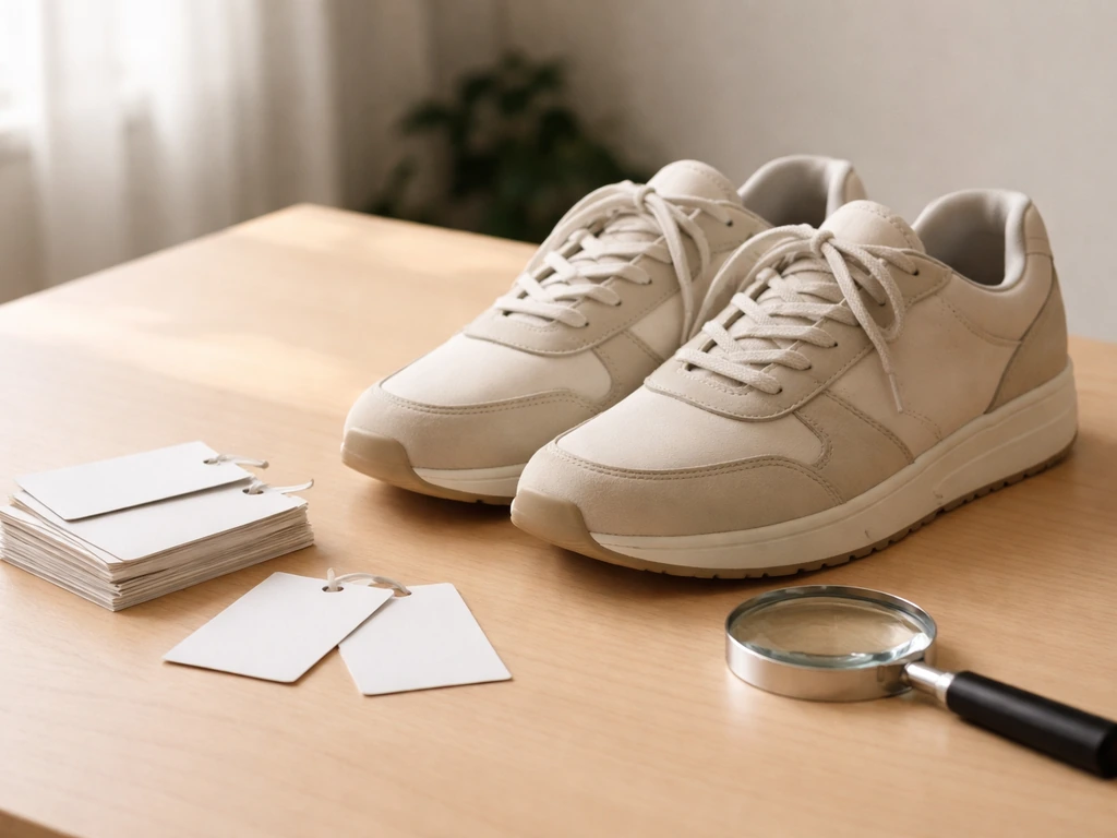 Shoe authentication scene with a sneaker, shoe label tags, and a small magnifying glass on a clean desk.