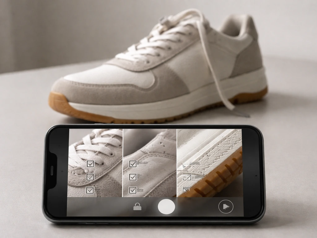 A phone photographing sneaker details with a subtle checklist overlay implying photo review authentication.
