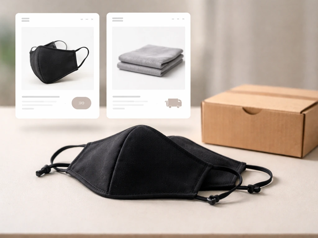 Close-up of an anonymous e-commerce product setup with a face mask and shipping box on a desk.