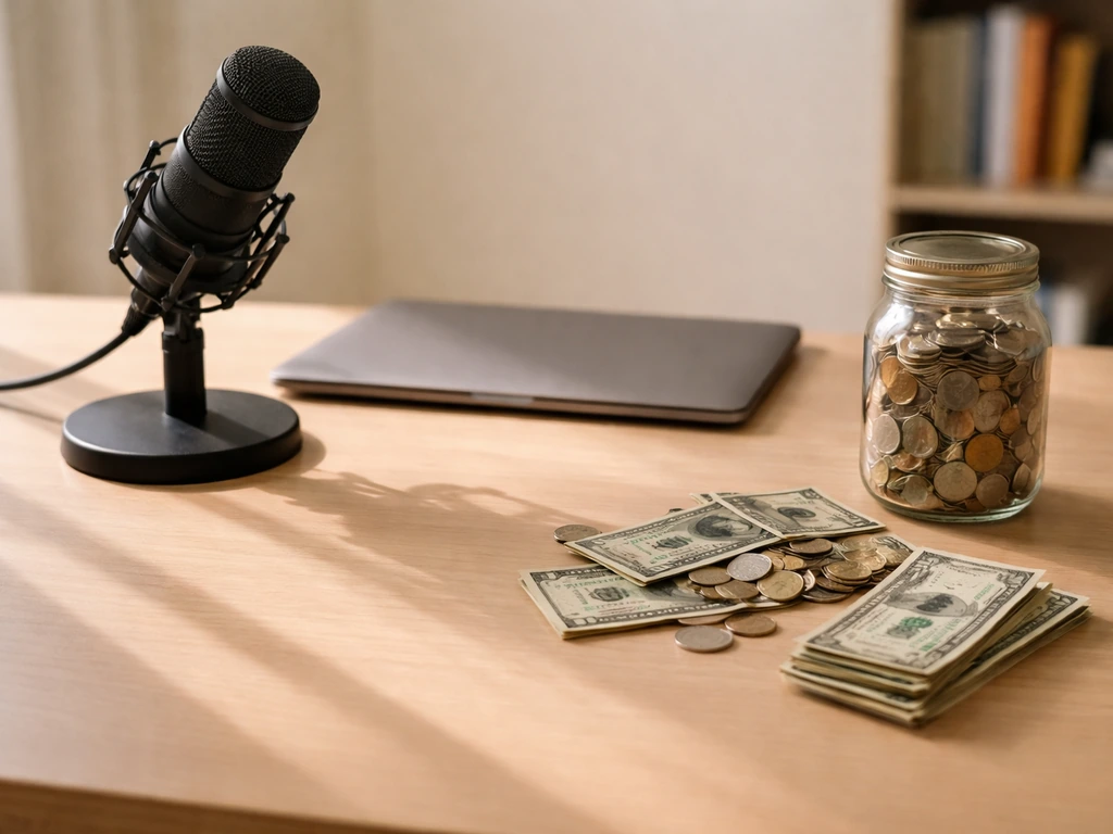Minimal studio desk with microphone, cash, and coins in a jar symbolizing net worth estimate uncertainty.