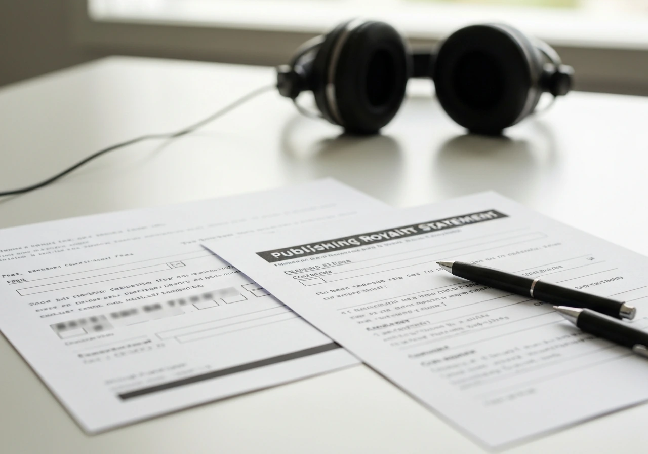 Close-up of music rights paperwork and a royalty statement mockup beside a track list on a desk.