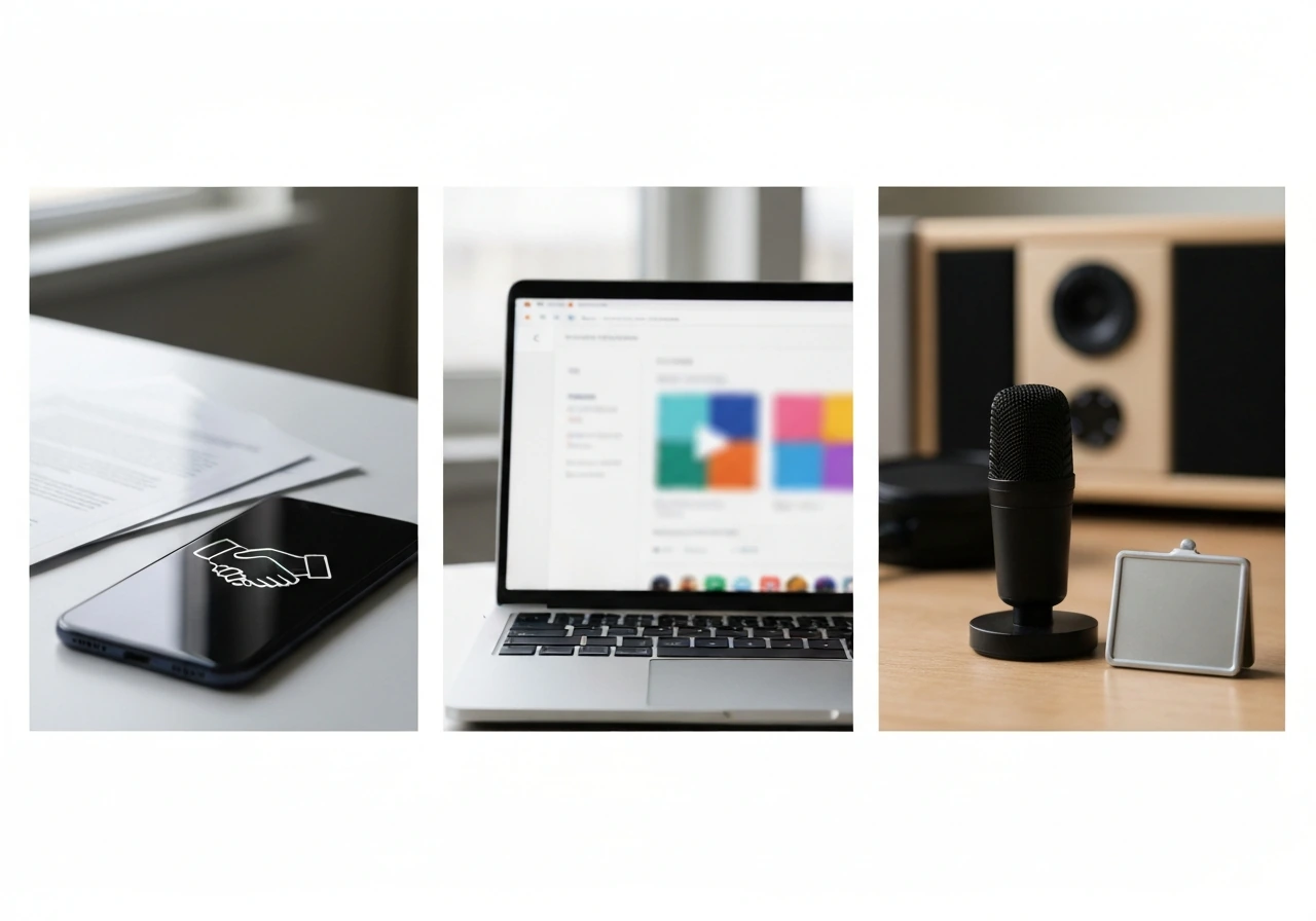 Minimal collage showing brand deals, online course, and tutorial themes with smartphone, laptop, and studio microphone.