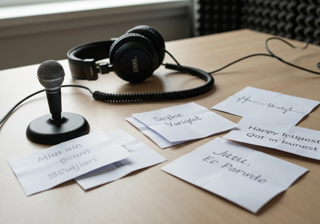 Close-up of a music producer’s desk with scattered handwritten name variants beside a small studio microphone.