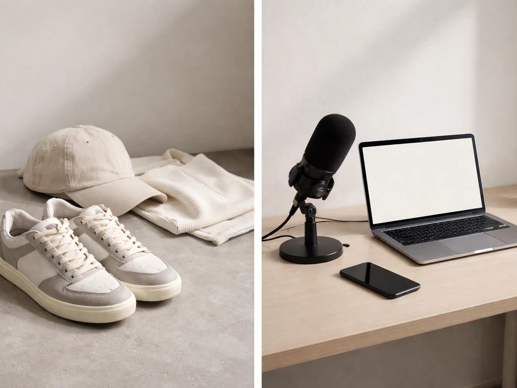 Minimal split photo: sneakers and streetwear items on one side, media desk with mic and laptop on the other.