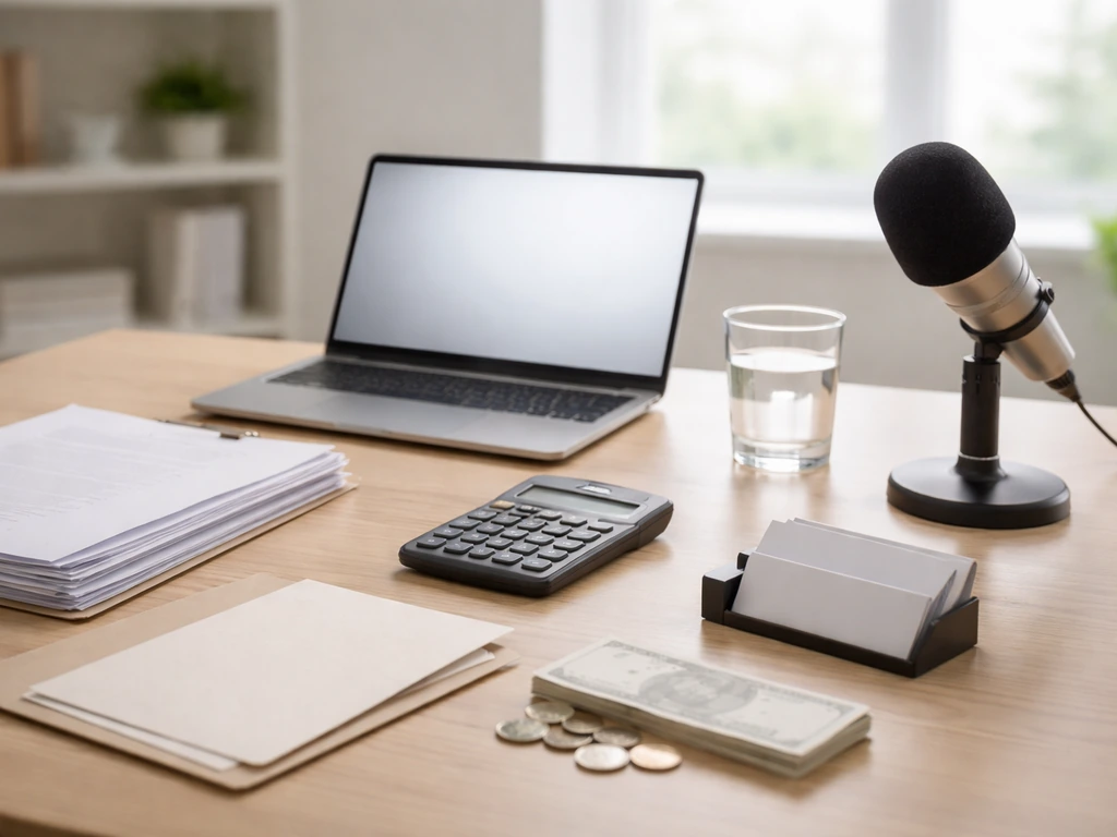 Minimal photo of a finance analyst’s desk with a laptop, scattered documents, and a studio microphone.