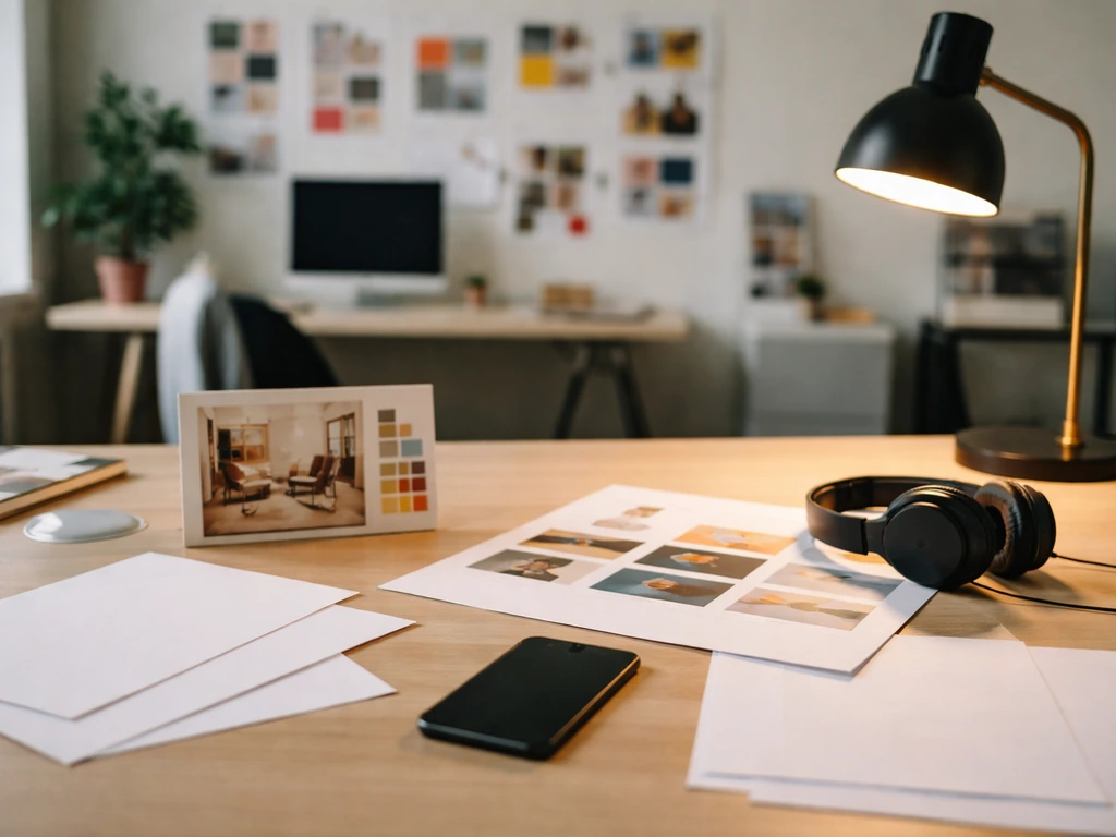 Creative agency studio desk with a smartphone, headphones, and printed campaign materials in soft daylight.