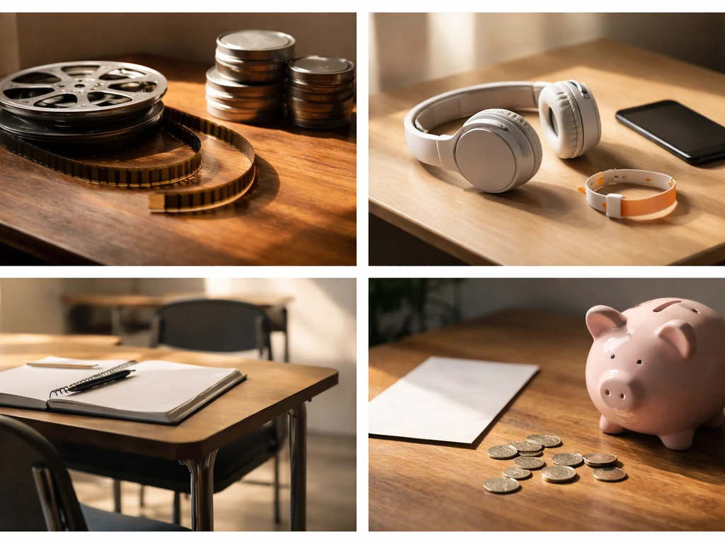 Four minimal tabletop scenes showing film canisters, event gear, workshop materials, and coins/piggy bank.