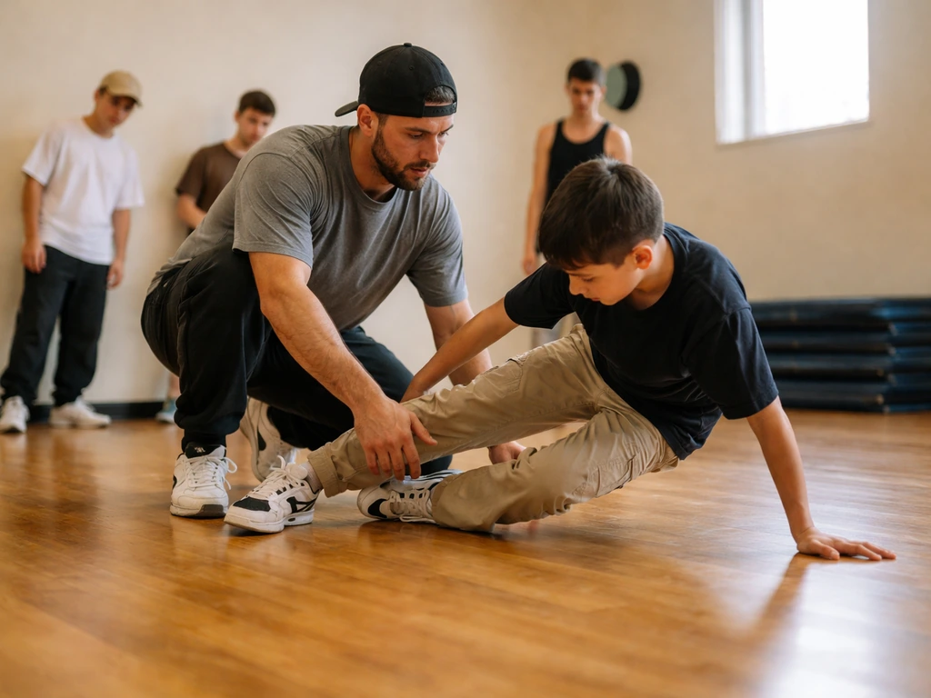 Anonymous instructor kneeling to coach a dancer during a breakdance workshop in a simple studio.
